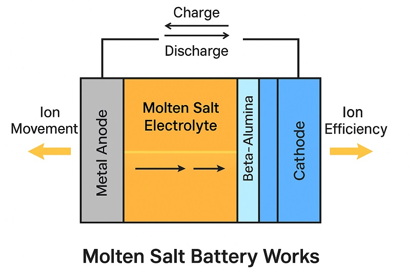 A labeled cross-section showing the metal anode, molten salt electrolyte, beta-alumina separator, and cathode, with arrows indicating ion flow during charge/discharge cycles.