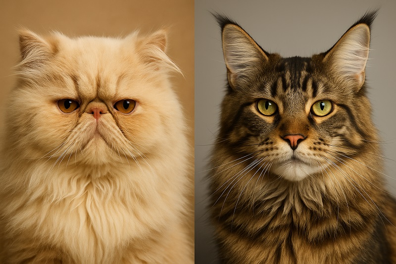 Persian cat with flat face next to long-nosed Maine Coon for snoring comparison