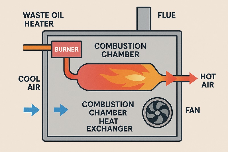 Diagram showing waste oil heater components and process from oil input to heat output in a commercial setting