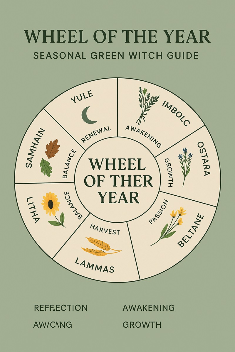 Illustrated Wheel of the Year showing seasonal celebrations in green witchcraft