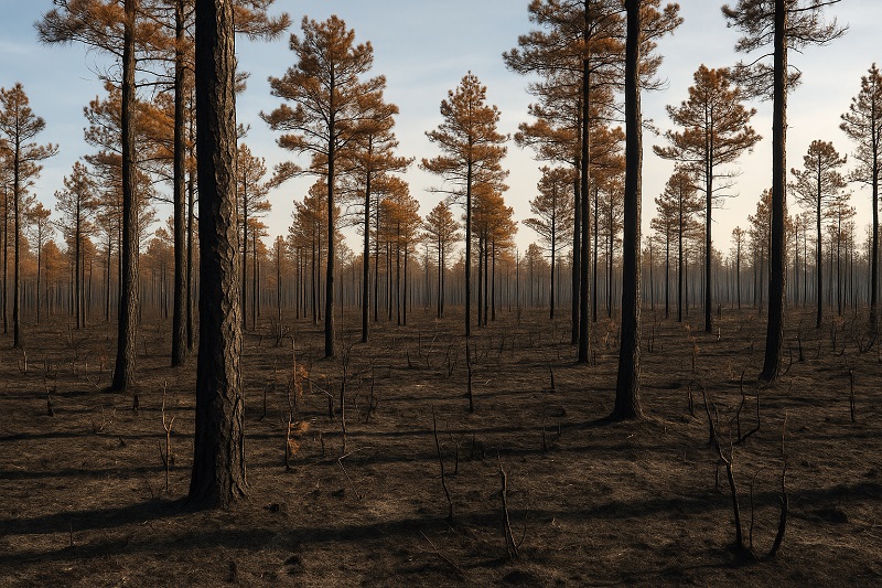 Charred pitch pines and scorched ground in New Jersey’s Pine Barrens after the Mines Spung Wildfire
