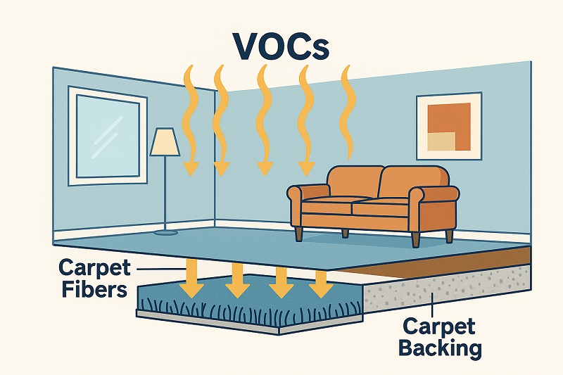 Diagram showing VOC off-gassing from carpet fibers and backing into indoor air