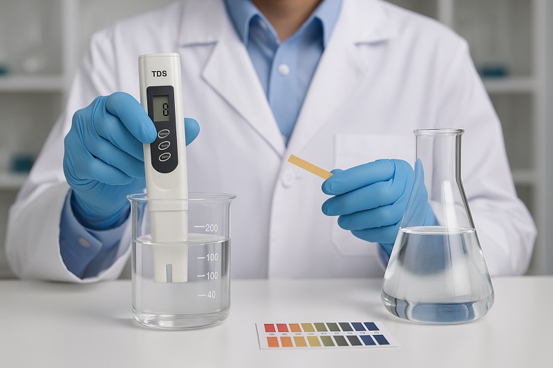 Scientist testing water purity using a TDS meter in a lab.