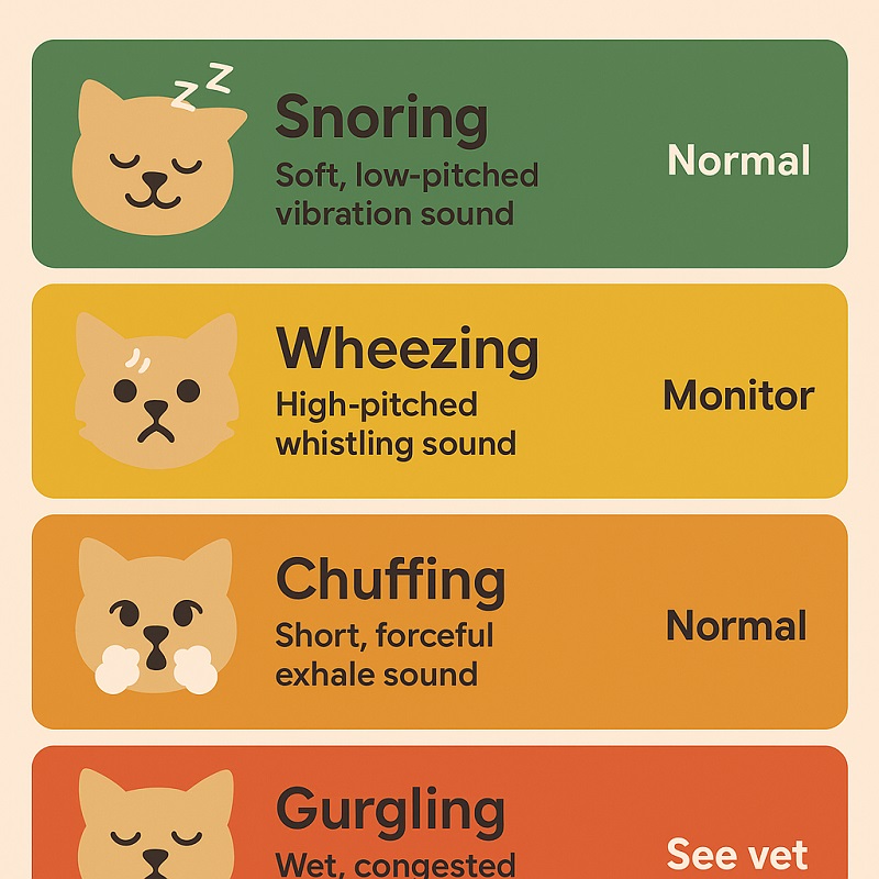 Infographic comparing cat snoring, wheezing, chuffing, and gurgling with action steps.
