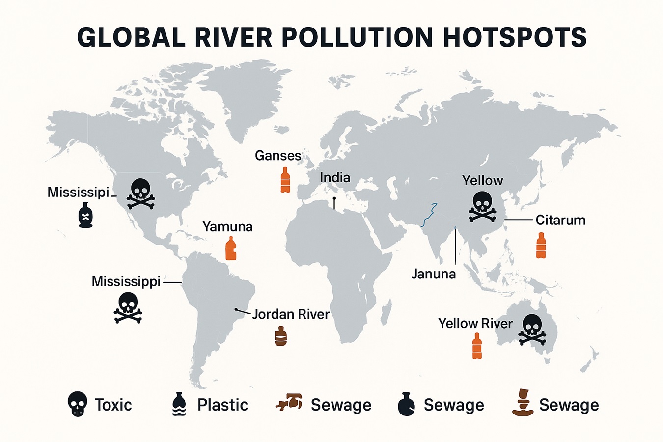 Most Polluted Rivers in the World. World map showing the locations of the 10 most polluted rivers with severity indicators
