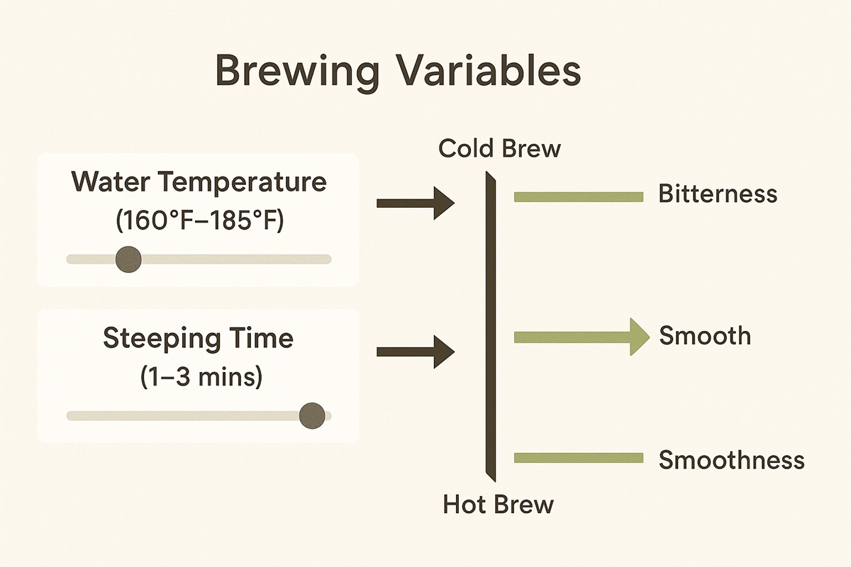 Diagram showing how brewing time and temperature affect green tea taste and bitterness.