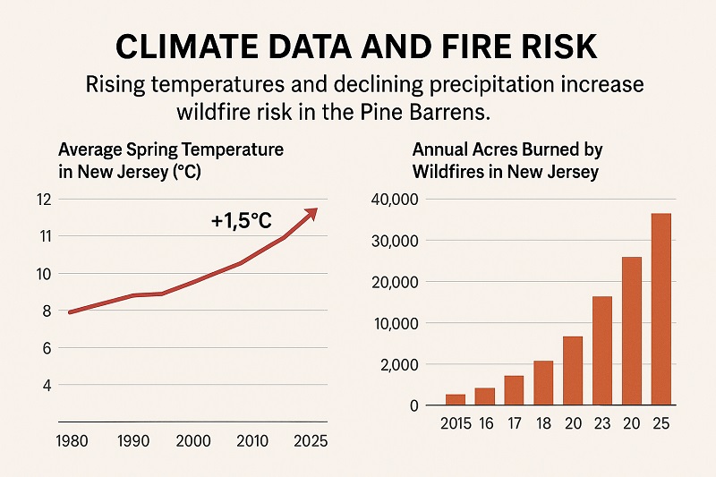 Infographic showing rising temperatures and wildfire acreage trends in New Jersey, highlighting climate-driven fire risk.