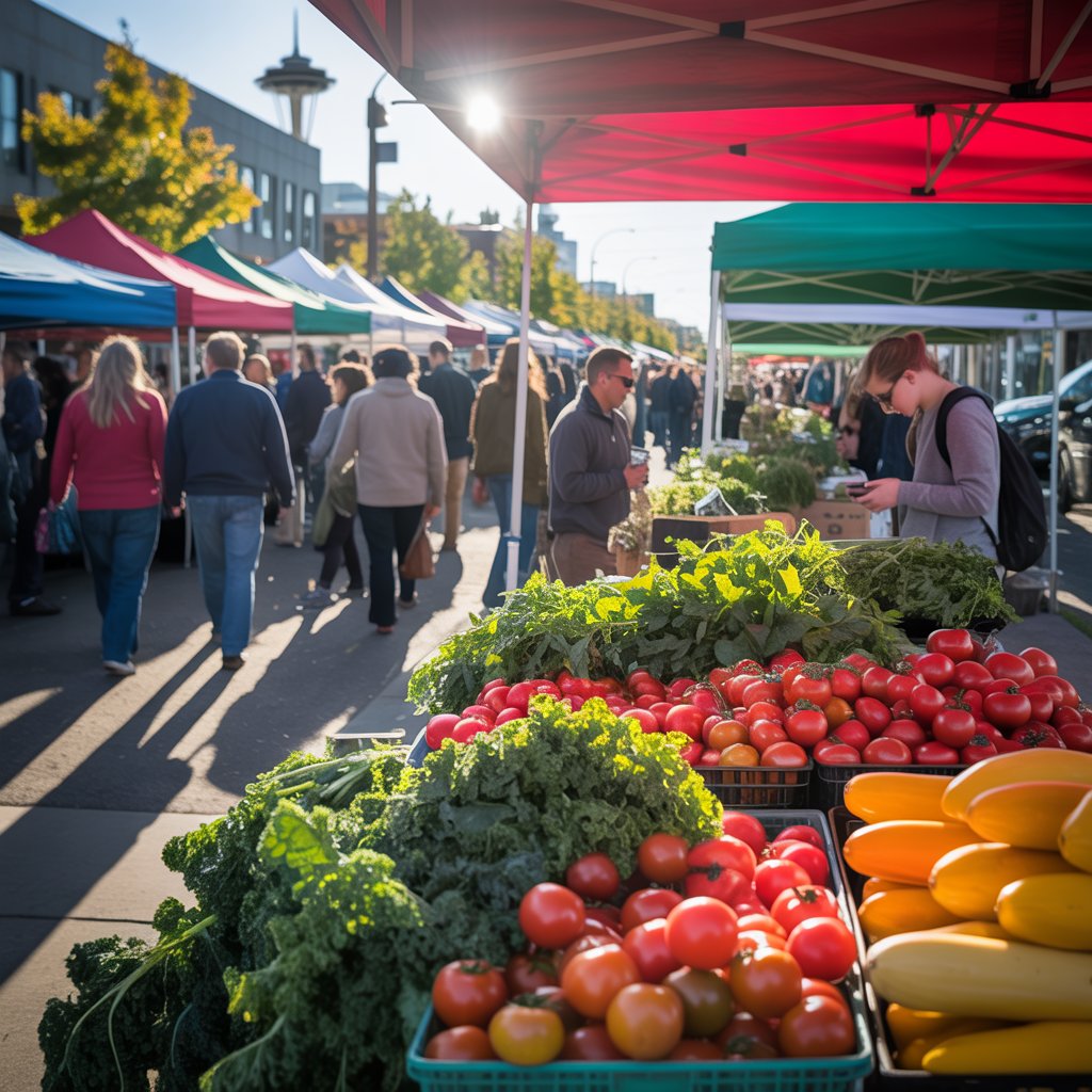 Diverse shoppers exploring Ballard Farmers Market with reusable bags