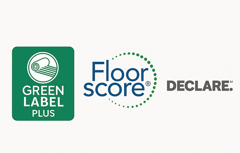 Low VOC carpet certification badges including CRI Green Label Plus and FloorScore