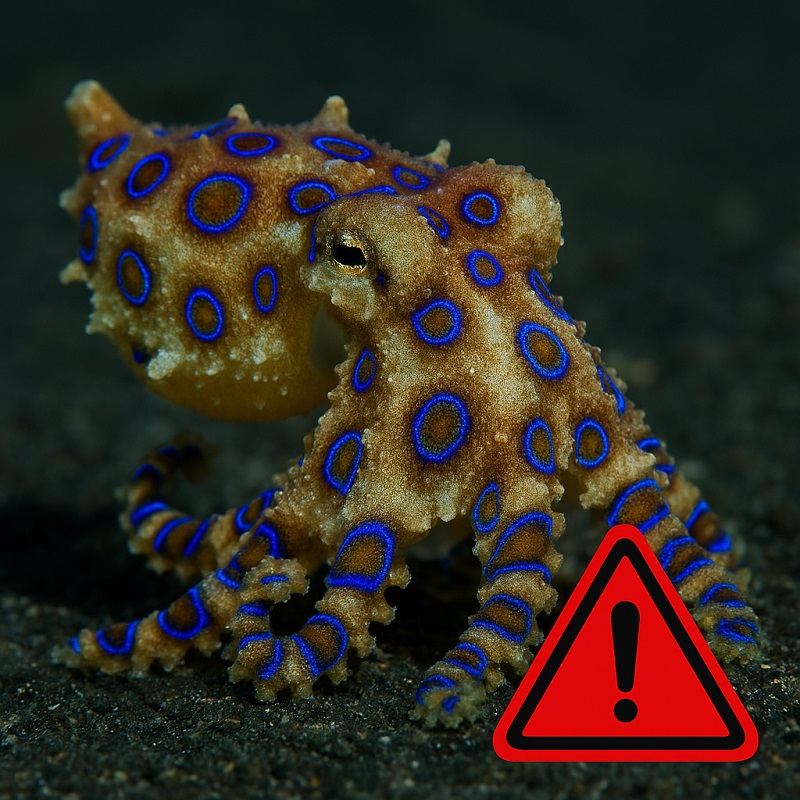Blue-ringed octopus showing glowing warning rings as a sign of danger