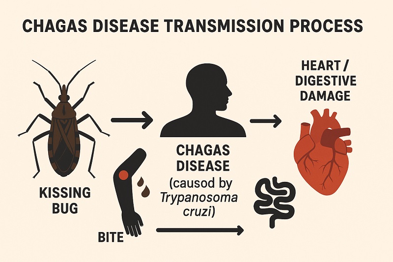 Lifecycle diagram showing how Chagas disease is transmitted from kissing bug to human.