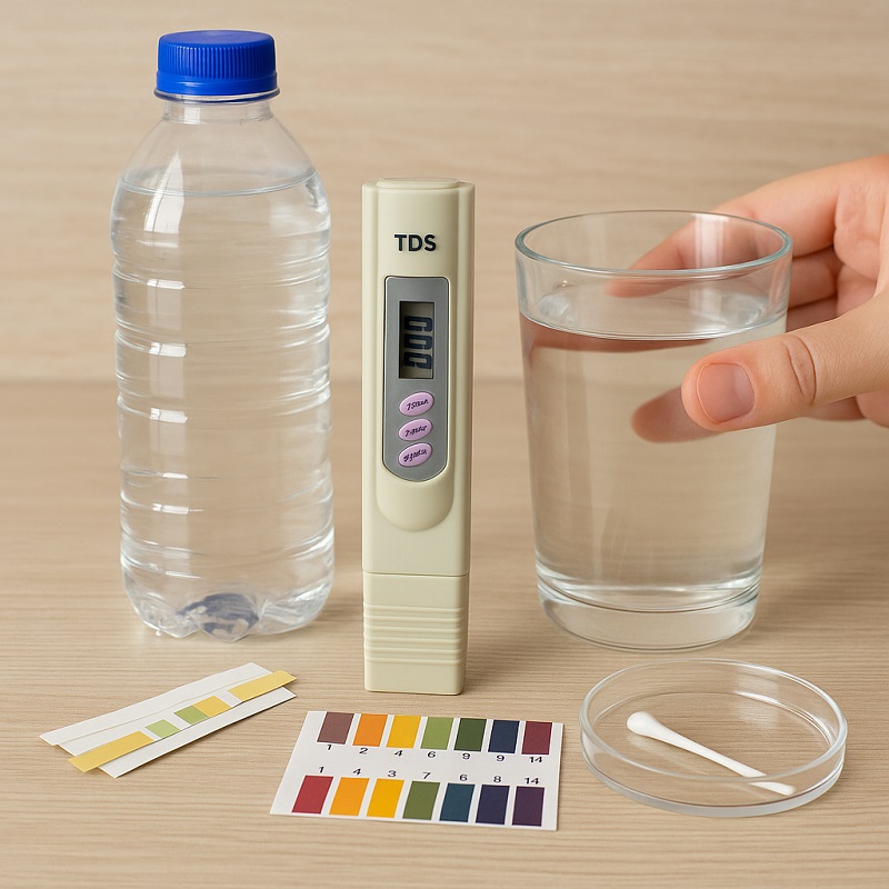 Home setup for testing distilled water with TDS meter and pH strips.