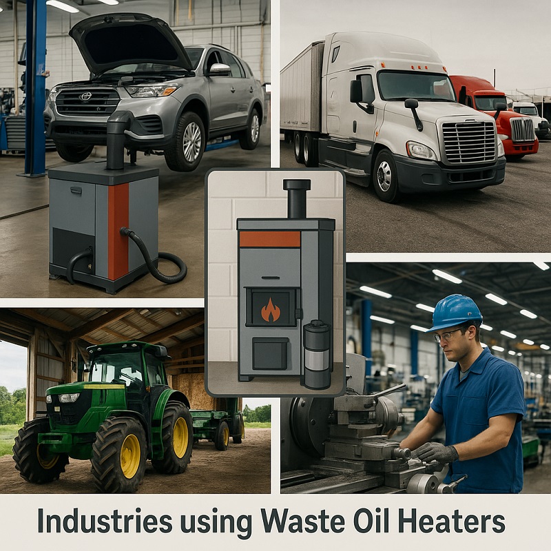 Industries using waste oil heaters including auto repair shops, trucking depots, farms, and manufacturing plants