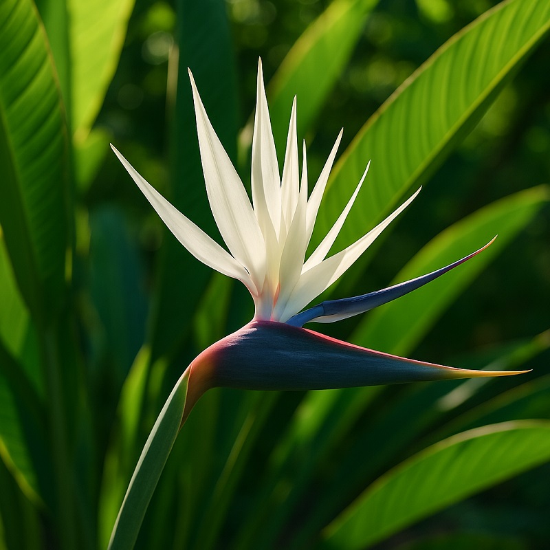 White Bird of Paradise flower blooming in full sun outdoors