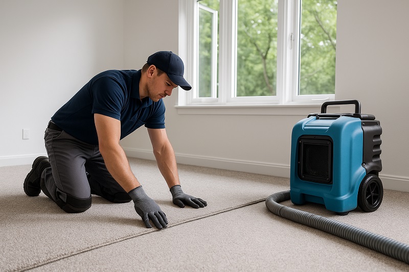 Installer laying low VOC carpet in ventilated room with air purifier