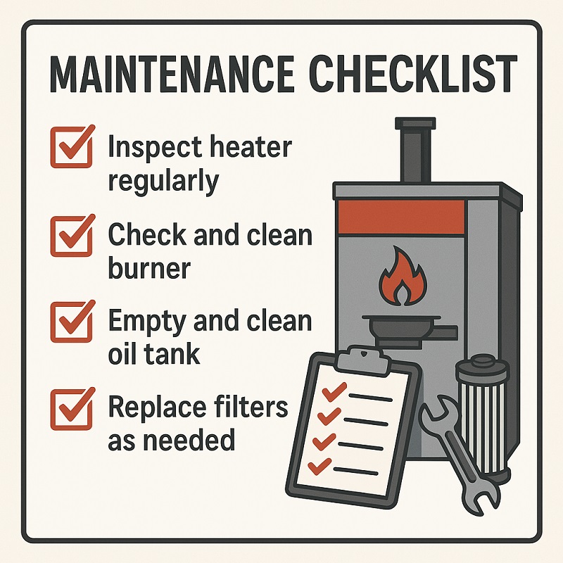Maintenance checklist for keeping a waste oil heater clean, efficient, and EPA-compliant in a workshop