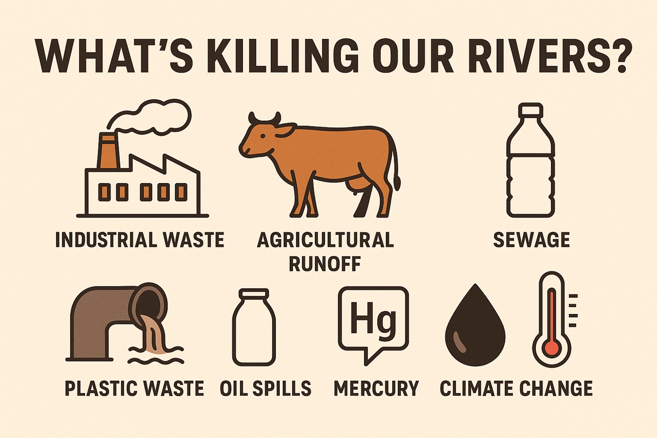 Seven causes of river pollution including industry, agriculture, sewage, and climate change
