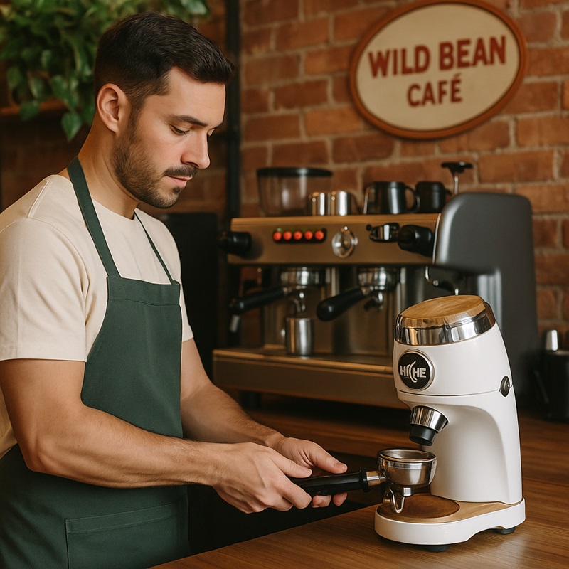 Barista using Niche Zero grinder in a sustainable café setting