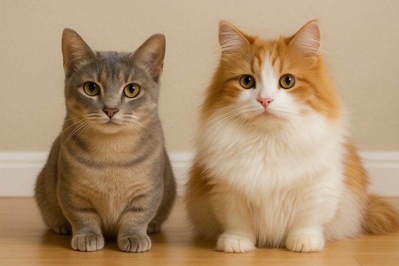 Short-haired munchkin cat with sleek coat next to a long-haired munchkin with fluffy fur.