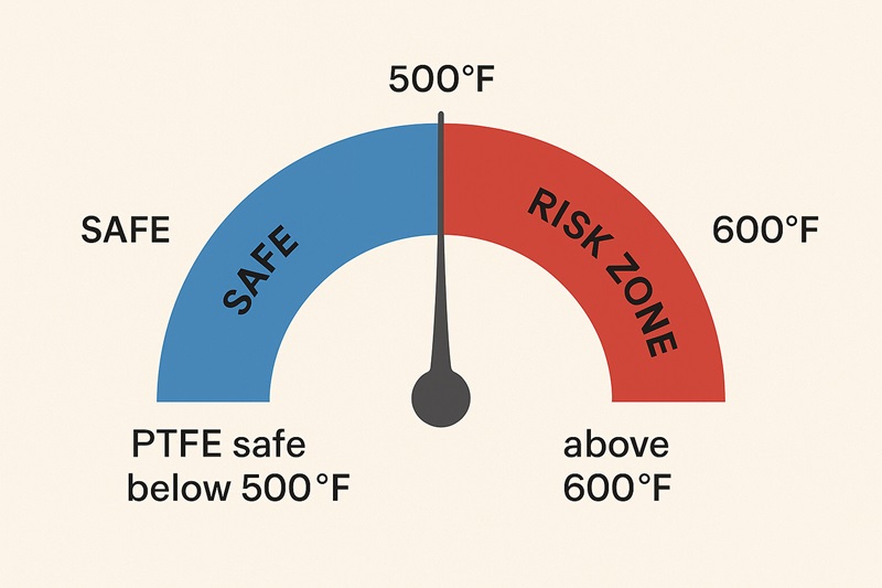 Cooking temperature chart showing PTFE safe below 500°F and risk zone above 600°F.