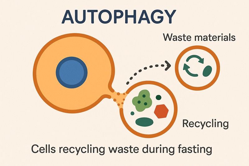 Diagram of autophagy, showing cells recycling waste during fasting.