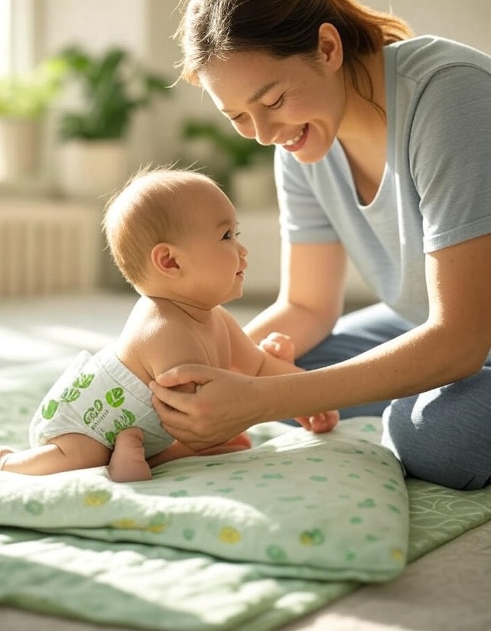 Parent changing baby with eco friendly bamboo diapers on a soft mat.