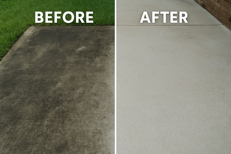 Before and after concrete cleaning on a residential driveway showing stain removal results.