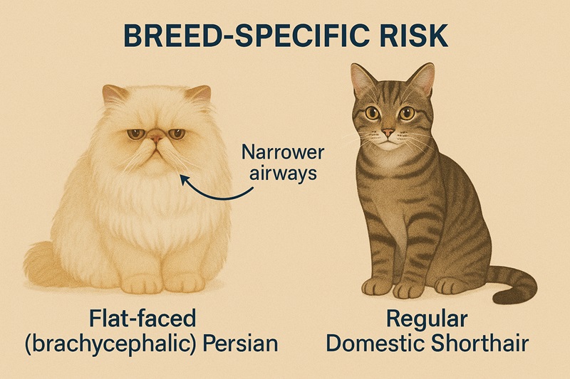 Flat-faced Persian cat compared to domestic shorthair, showing increased risk of breathing difficulties.