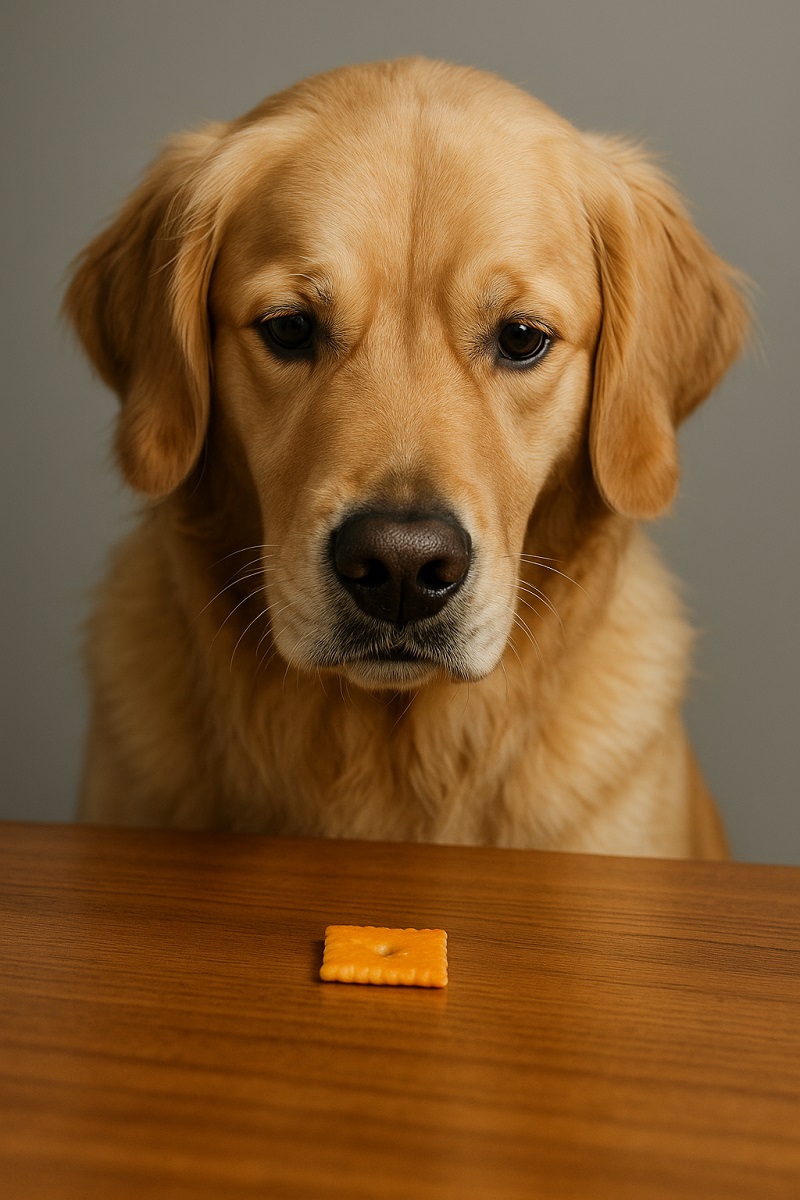 Dog staring at a Cheez-It cracker on the table