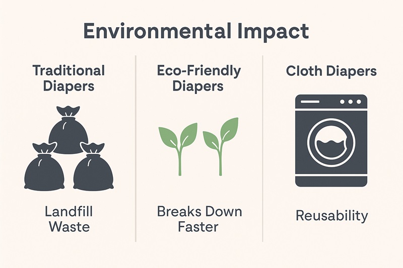 Environmental impact chart comparing landfill waste from traditional diapers with eco friendly and cloth alternatives.