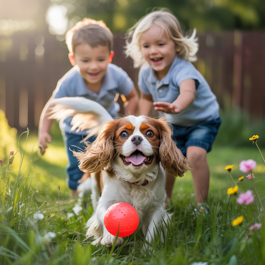Cavalier King Charles dog playing with kids in backyard
