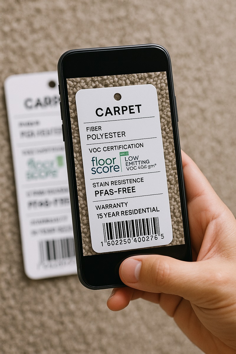 Smartphone capturing a close-up of a carpet product label showing fiber type, VOC certification, PFAS-free stain resistance, and warranty details.