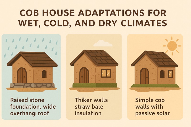 Cob house adaptations for wet, cold, and dry climates