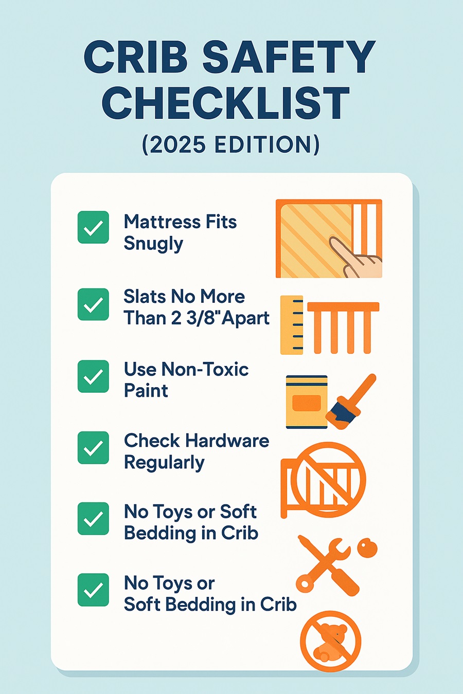 Illustrated safety checklist for cribs including mattress fit, slat width, hardware check, and no drop-side rails.
