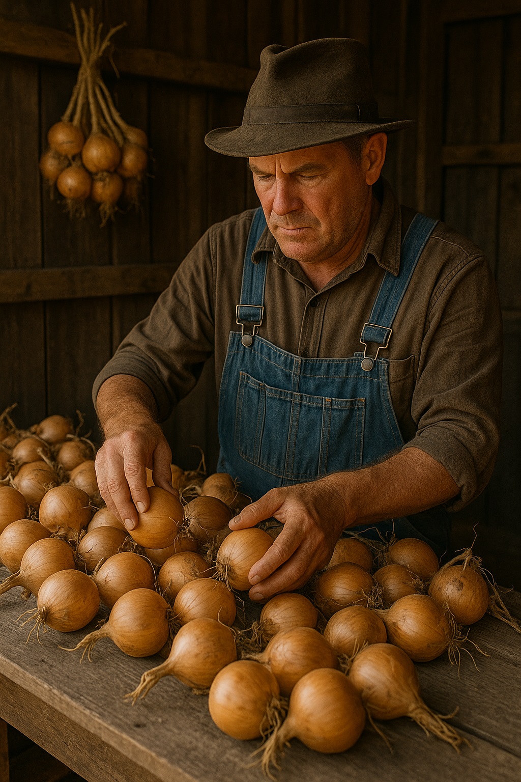 Farmers curing onions in a shaded barn for rot-free storage