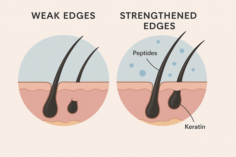 Dermatologist-style diagram showing how peptides and keratin strengthen hair follicles at the hairline.