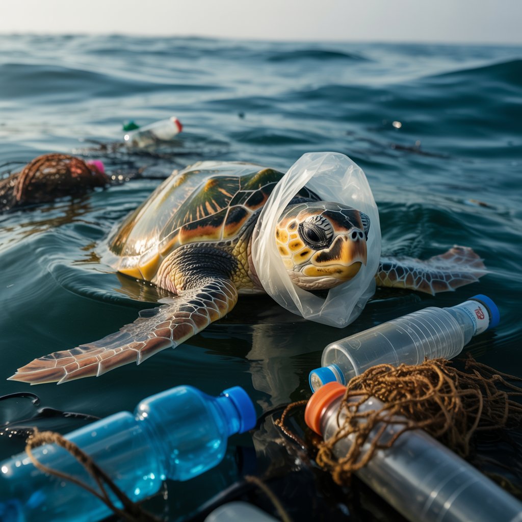 Marine life endangered by plastic plastic bags in polluted waters.