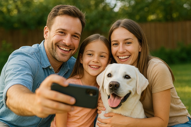 Family capturing a photo with their white Labrador, highlighting the breed’s popularity on social media.