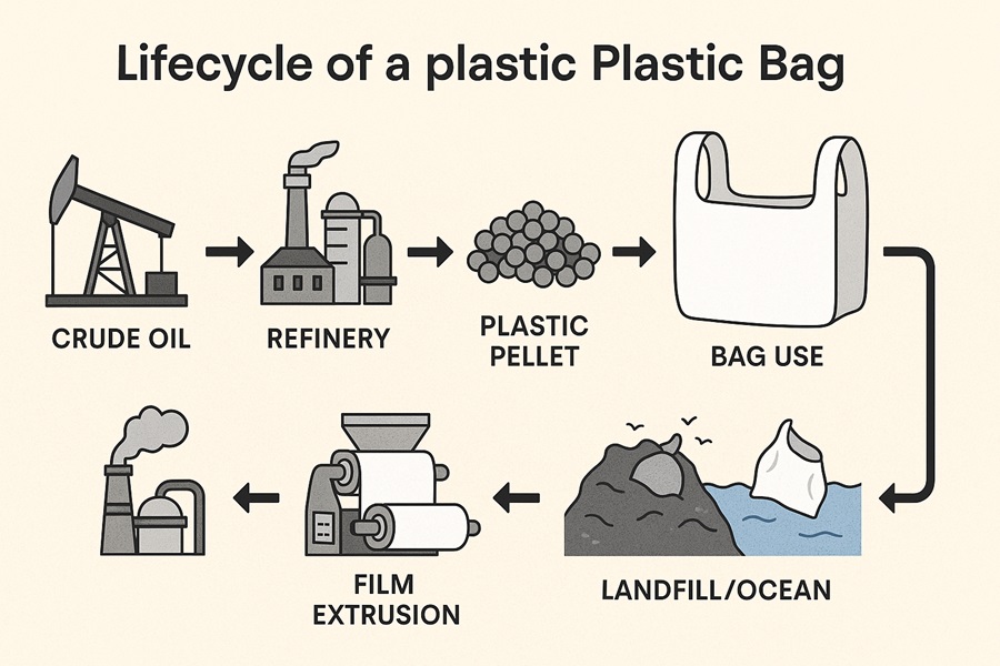 Lifecycle of a plastic plastic bag from crude oil extraction to environmental pollution.