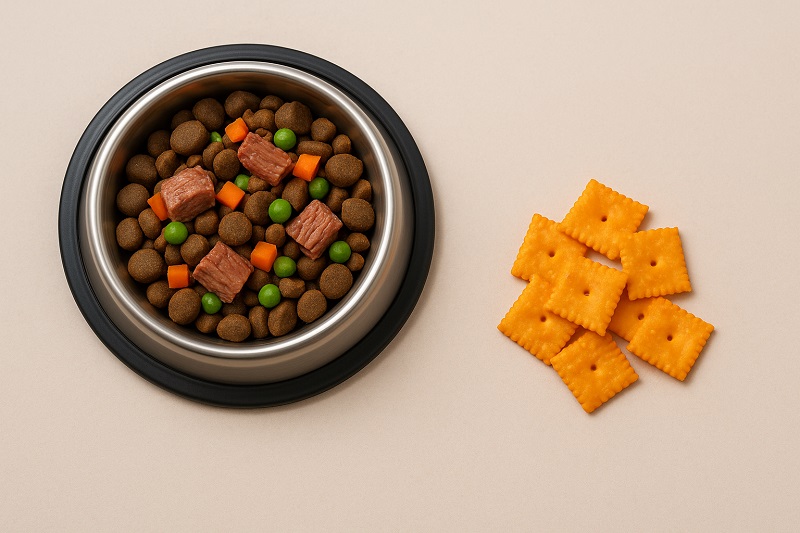 Dog food bowl vs. Cheez-Its, comparing canine nutrition and human snacks.