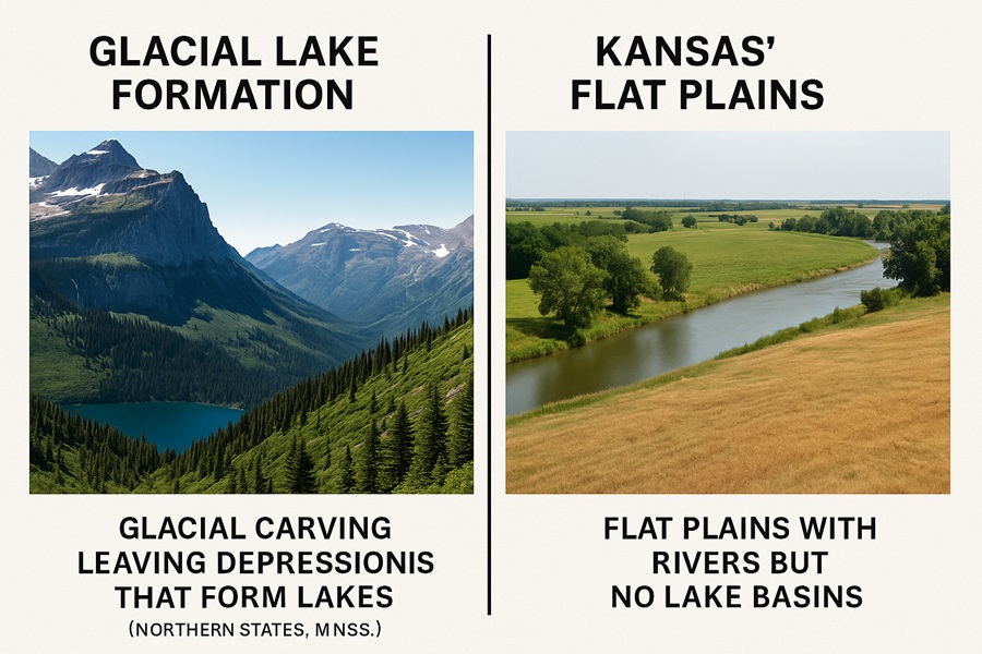 comparing glacial lake formation in northern states with Kansas’ flat plains and river valleys