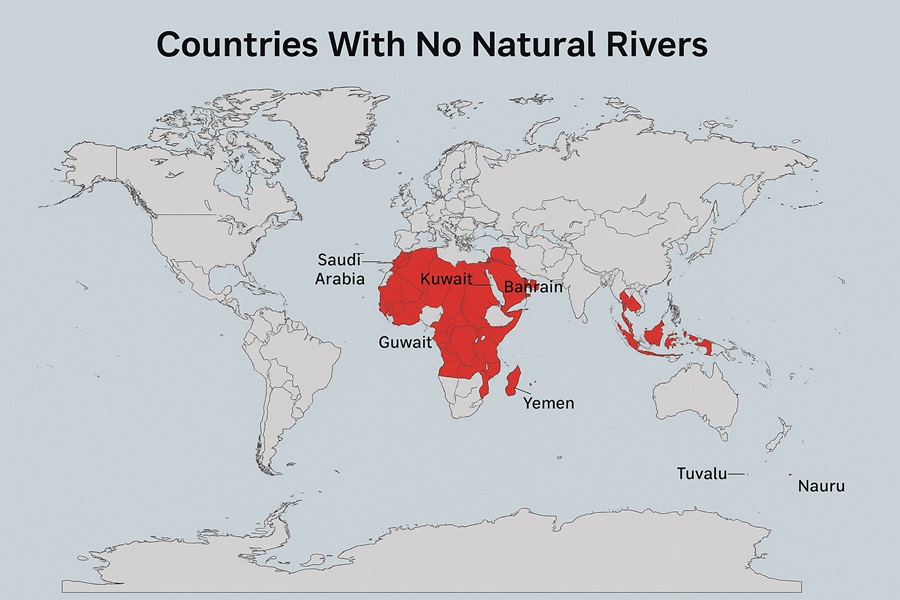 World map highlighting countries without natural rivers including Saudi Arabia, Kuwait, Tuvalu, and Nauru.