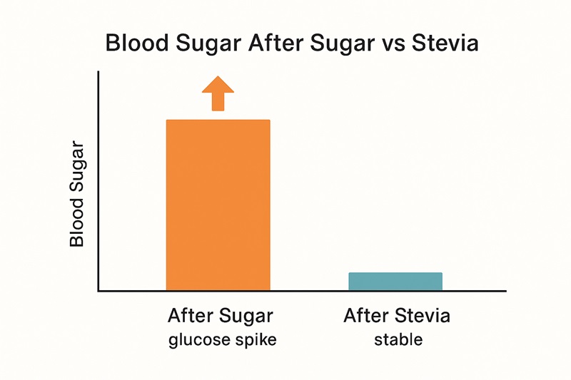 Chart comparing blood sugar spikes after sugar vs stable levels after stevia.