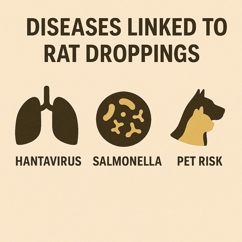 Diseases linked to rat droppings including hantavirus, salmonella, and leptospirosis.