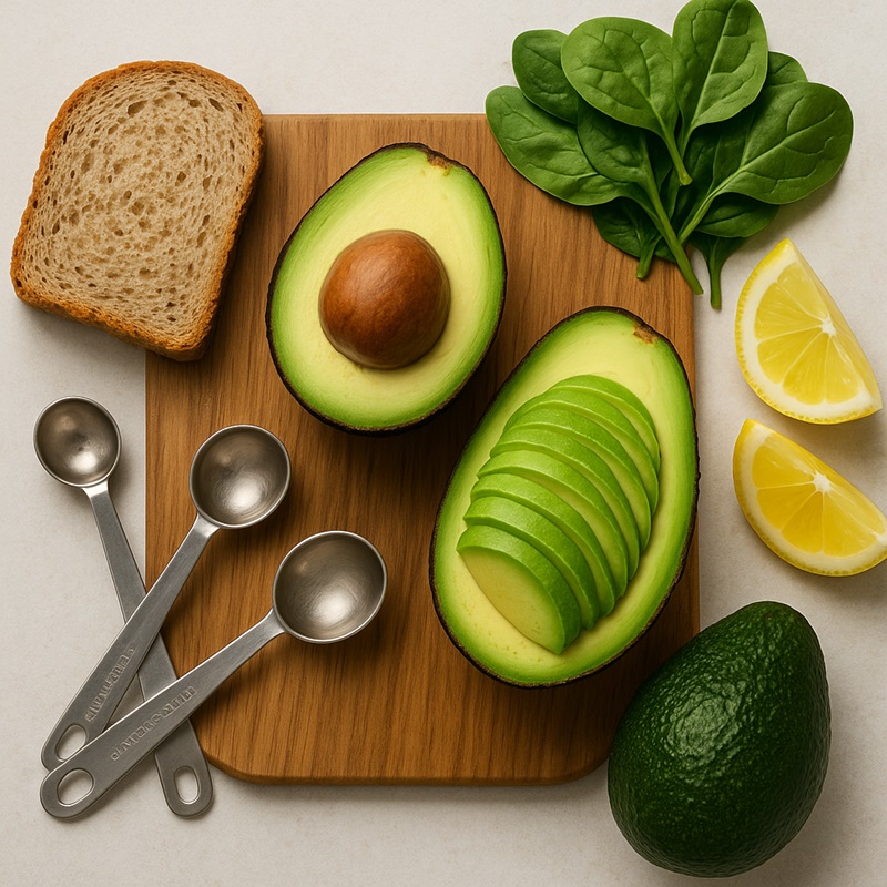 Flat-lay of small avocado slices with healthy meal prep ingredients for under 250-calorie recipes.