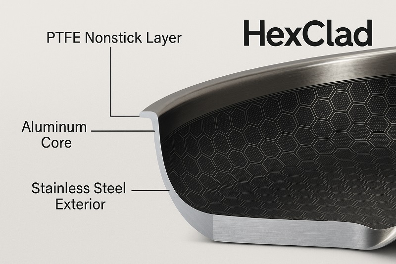 HexClad cookware cross-section showing PTFE nonstick layer, aluminum core, and stainless steel exterior