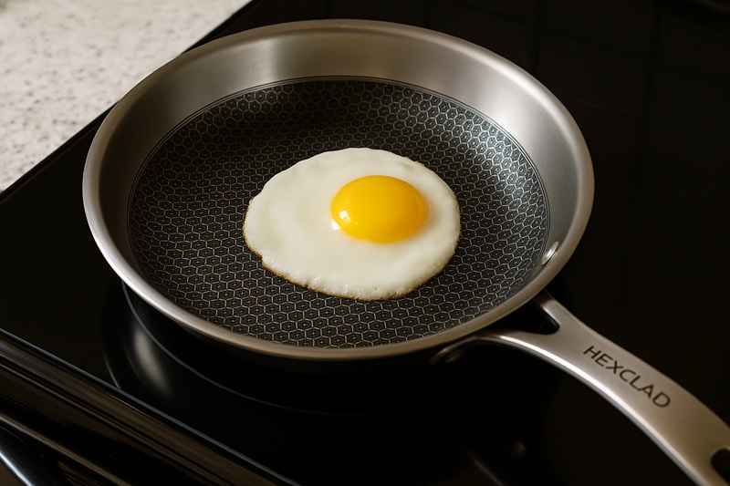 HexClad hybrid nonstick frying pan showing stainless steel and nonstick surface.