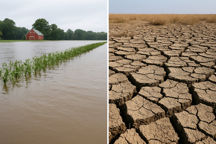 Split image showing flooding in Kansas in 2011 and drought conditions in 2023, highlighting the importance of reservoirs