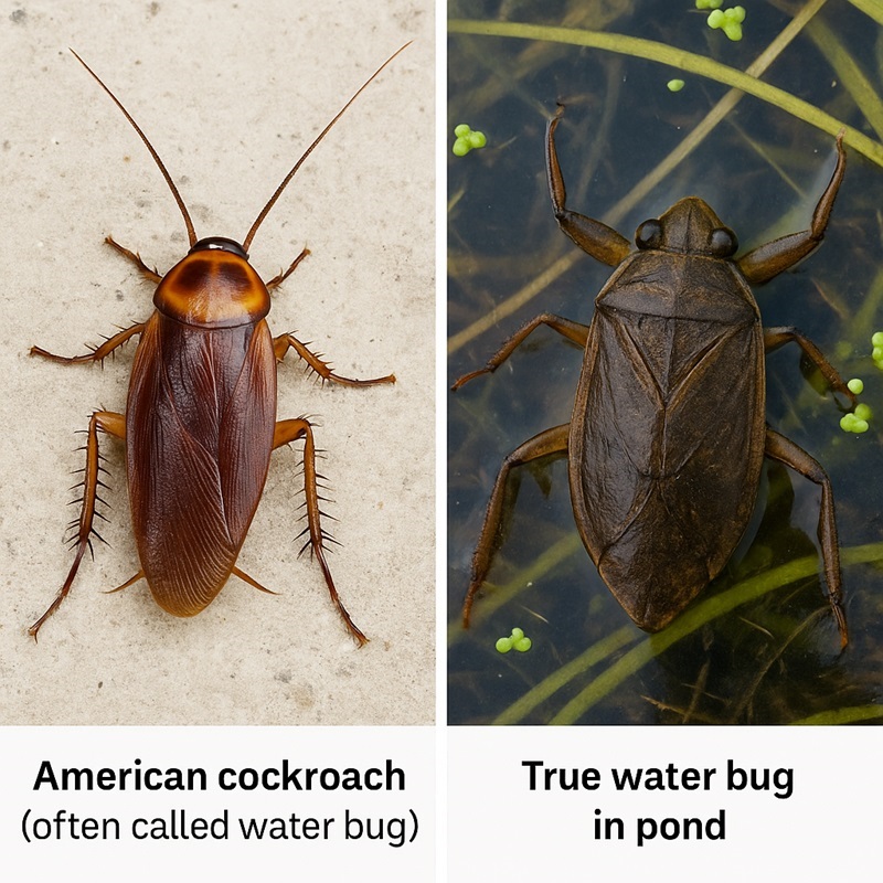 American cockroach misidentified as water bug compared with a true water bug.