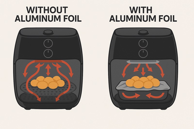 Diagram of air circulation inside an air fryer with and without aluminum foil.